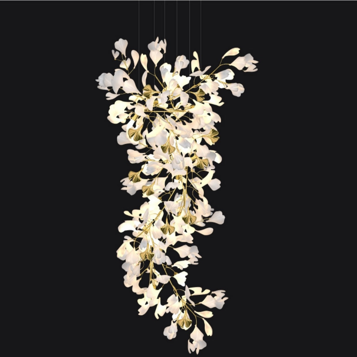 Artistic Tree Branch Pendant Light with Ceramic Ginkgo Leaves for High Ceilings in Hotel or Home