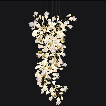 Artistic Tree Branch Pendant Light with Ceramic Ginkgo Leaves for High Ceilings in Hotel or Home