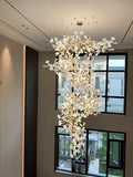 Artistic Tree Branch Pendant Light with Ceramic Ginkgo Leaves for High Ceilings in Hotel or Home