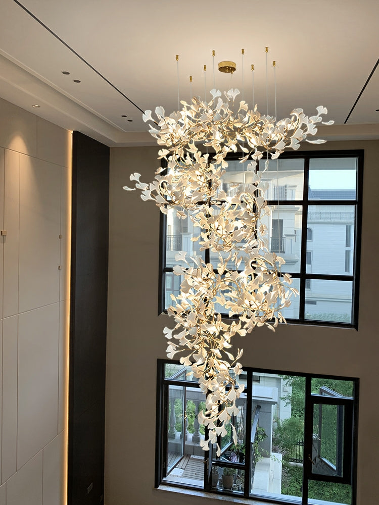 Artistic Tree Branch Pendant Light with Ceramic Ginkgo Leaves for High Ceilings in Hotel or Home