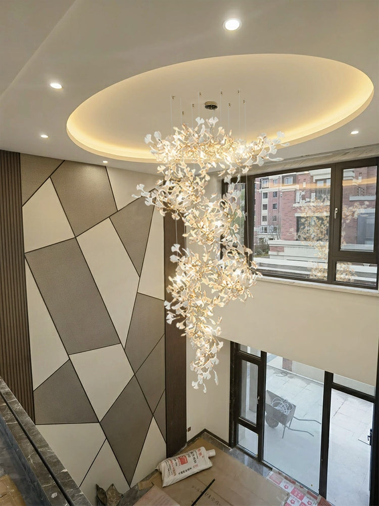Artistic Tree Branch Pendant Light with Ceramic Ginkgo Leaves for High Ceilings in Hotel or Home