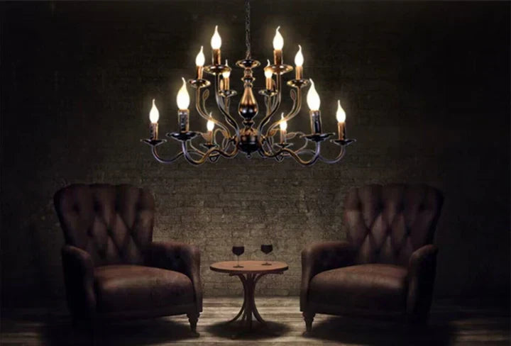 Multi Layer Iron Chandelier with Electronic Candles in Vintage Country Style for Living Room Cafe and Study