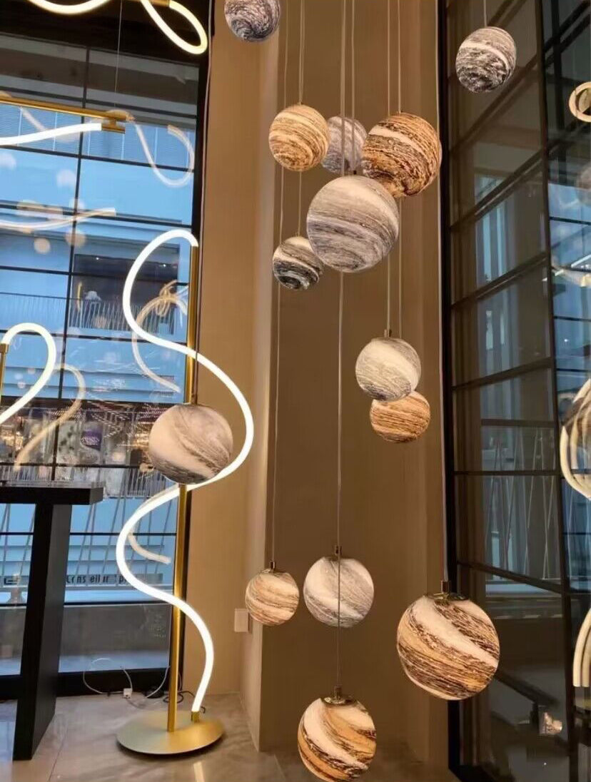 Nordic Planet Creative Long Ball Pendant Chandelier Staircase Foyer