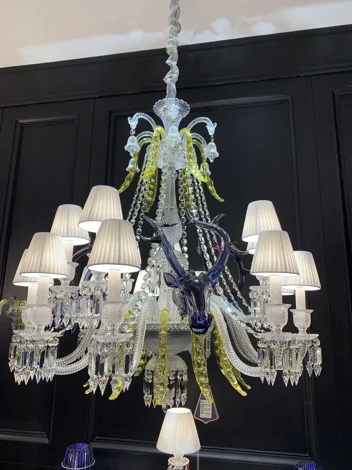 Traditional Colorful Candle Branch Blue Deer Crystal Chandelier for Living Room/Dining Room