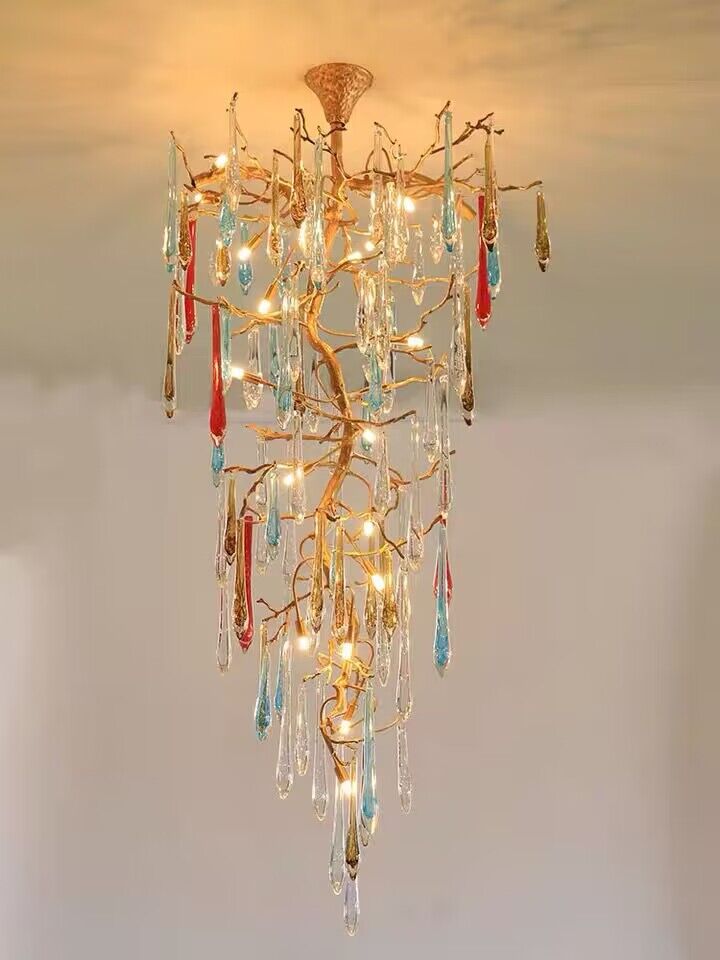Modern Light Luxury Brass Branches Colored Glass Column Chandelier for Staircase/Living Room/High-ceiling Space