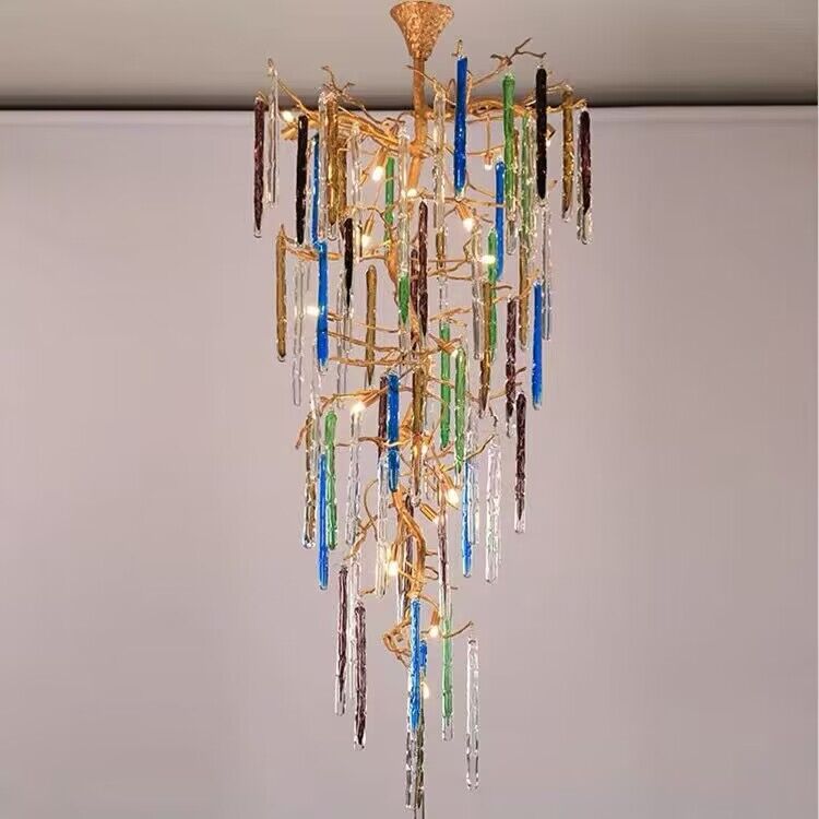 Modern Light Luxury Brass Branches Colored Glass Column Chandelier for Staircase/Living Room/High-ceiling Space