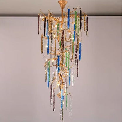 Modern Light Luxury Brass Branches Colored Glass Column Chandelier for Staircase/Living Room/High-ceiling Space