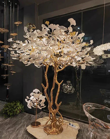Luxury Creative White Ceramic Ginkgo Biloba Copper Branch Tree Floor Lamp for Living Room and Bedroom