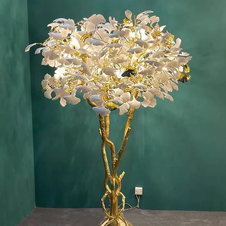 Luxury Creative White Ceramic Ginkgo Biloba Copper Branch Tree Floor Lamp for Living Room and Bedroom