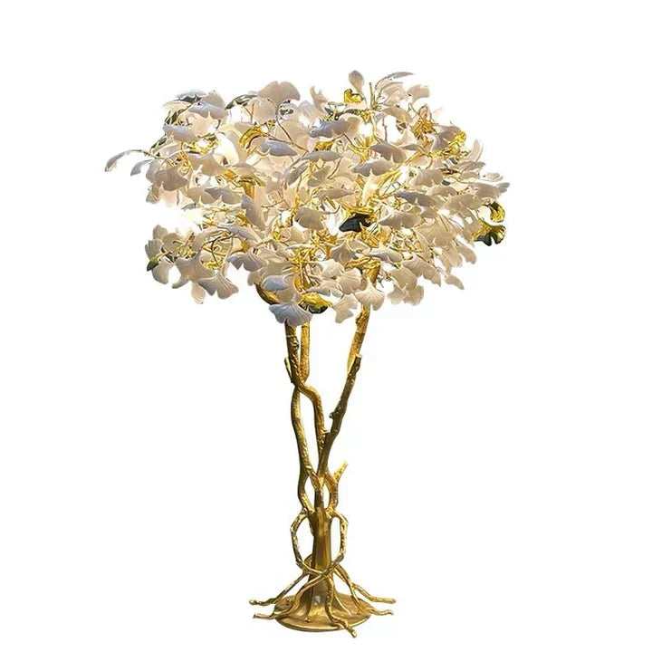 Luxury Creative White Ceramic Ginkgo Biloba Copper Branch Tree Floor Lamp for Living Room and Bedroom