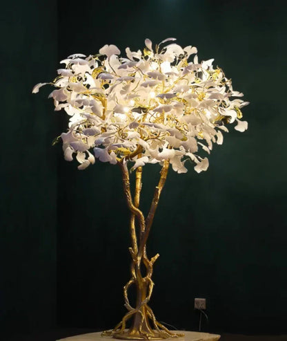 Luxury Creative White Ceramic Ginkgo Biloba Copper Branch Tree Floor Lamp for Living Room and Bedroom