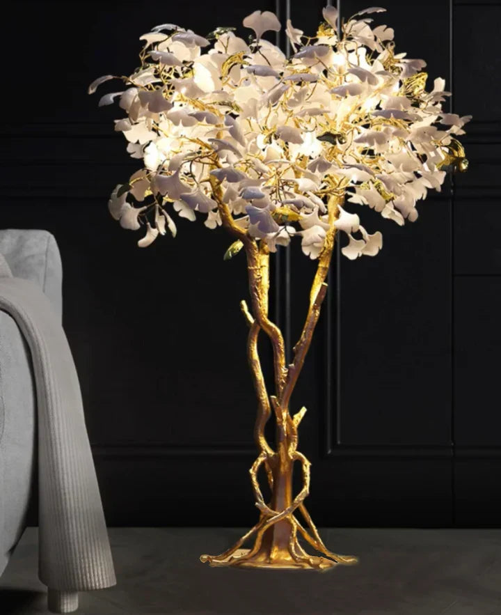 Luxury Creative White Ceramic Ginkgo Biloba Copper Branch Tree Floor Lamp for Living Room and Bedroom