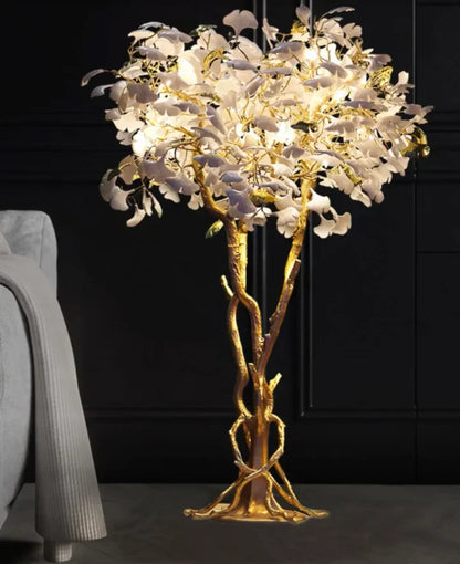 Luxury Creative White Ceramic Ginkgo Biloba Copper Branch Tree Floor Lamp for Living Room and Bedroom