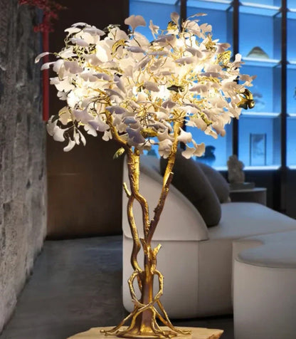Luxury Creative White Ceramic Ginkgo Biloba Copper Branch Tree Floor Lamp for Living Room and Bedroom