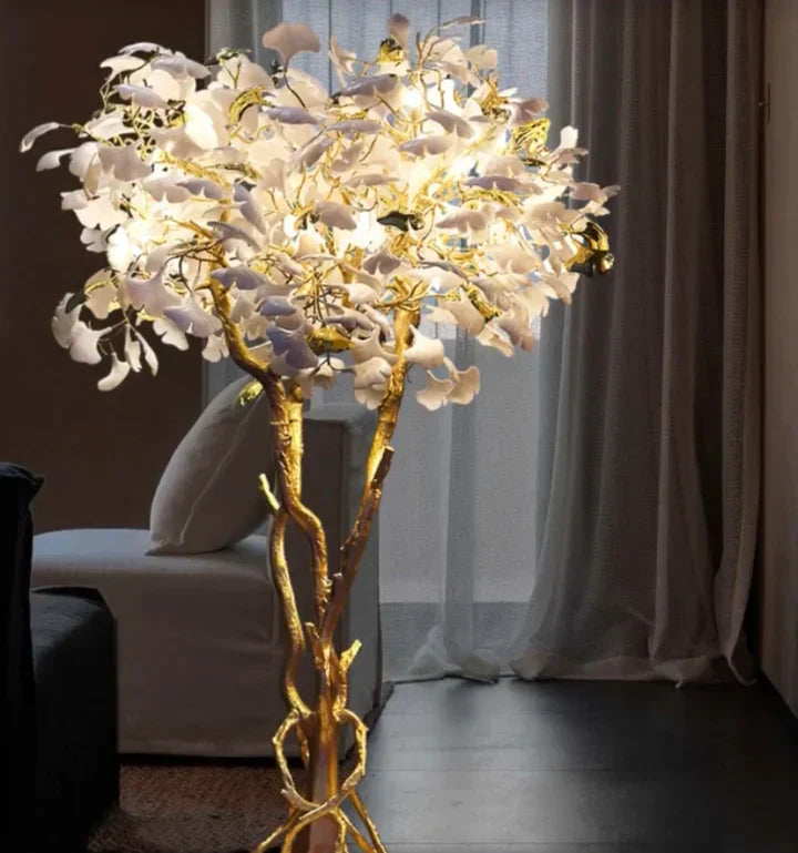 Luxury Creative White Ceramic Ginkgo Biloba Copper Branch Tree Floor Lamp for Living Room and Bedroom