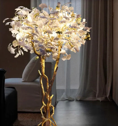 Luxury Creative White Ceramic Ginkgo Biloba Copper Branch Tree Floor Lamp for Living Room and Bedroom