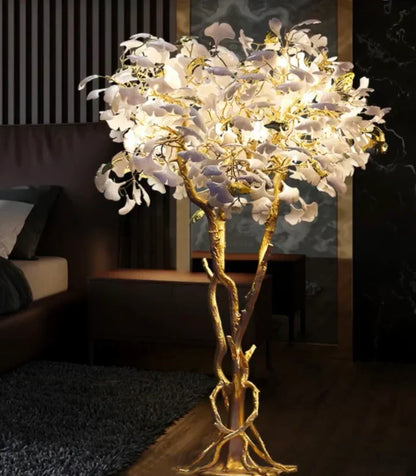 Luxury Creative White Ceramic Ginkgo Biloba Copper Branch Tree Floor Lamp for Living Room and Bedroom