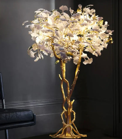 Luxury Creative White Ceramic Ginkgo Biloba Copper Branch Tree Floor Lamp for Living Room and Bedroom