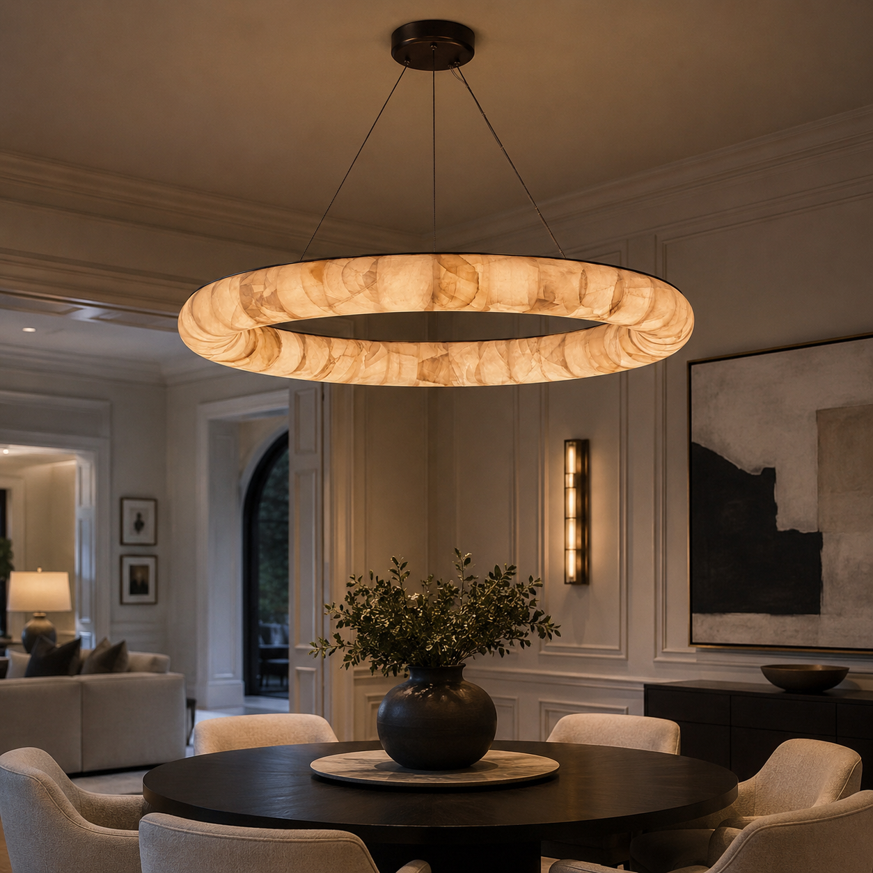 Rigede Lisse Round Chandelier with Alabaster Shade