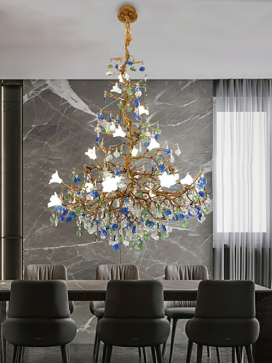Stylish Colored Glaze Flower Crystal Chandelier Brass Tree Branch Ceiling Light For Living Room Hotel Hall