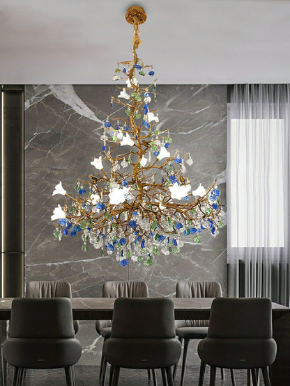 Stylish Colored Glaze Flower Crystal Chandelier Brass Tree Branch Ceiling Light For Living Room Hotel Hall