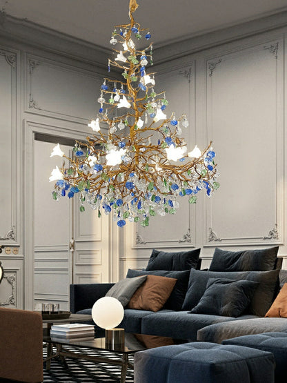 Stylish Colored Glaze Flower Crystal Chandelier Brass Tree Branch Ceiling Light For Living Room Hotel Hall