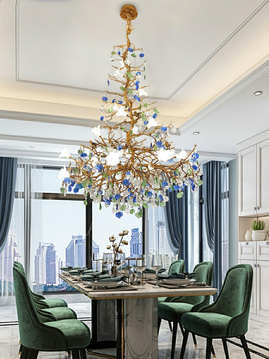 Stylish Colored Glaze Flower Crystal Chandelier Brass Tree Branch Ceiling Light For Living Room Hotel Hall