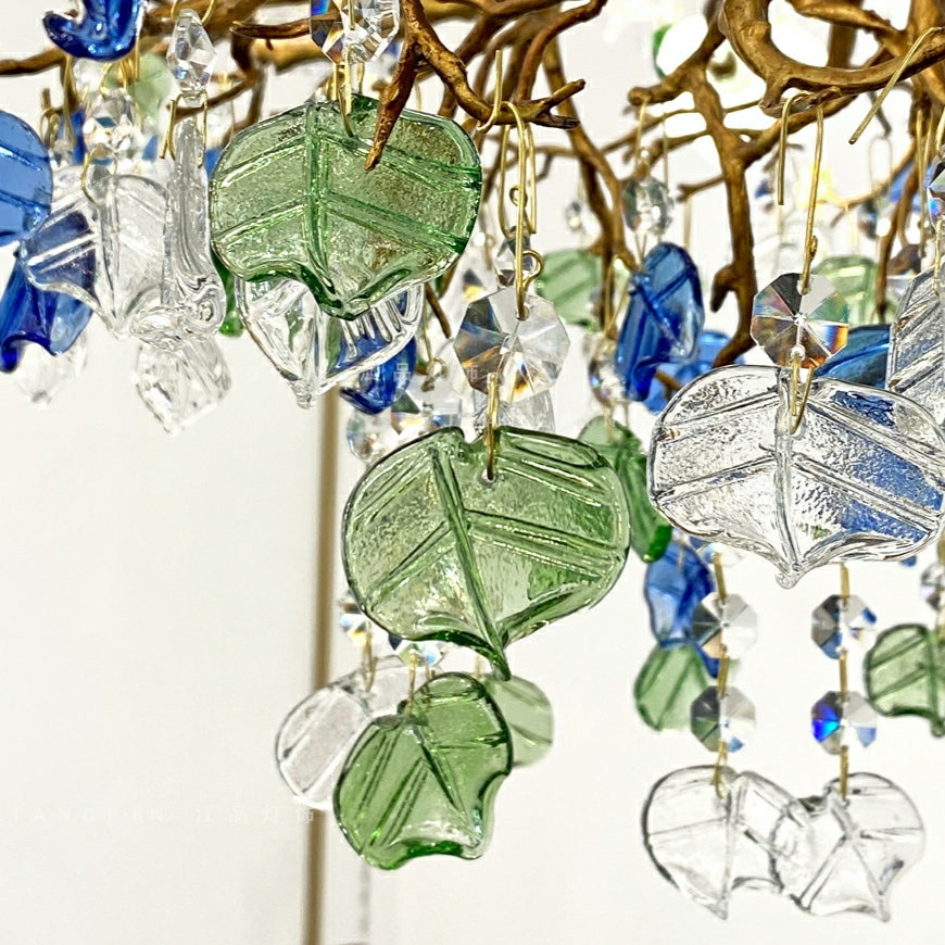 Stylish Colored Glaze Flower Crystal Chandelier Brass Tree Branch Ceiling Light For Living Room Hotel Hall