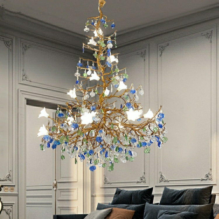 Stylish Colored Glaze Flower Crystal Chandelier Brass Tree Branch Ceiling Light For Living Room Hotel Hall