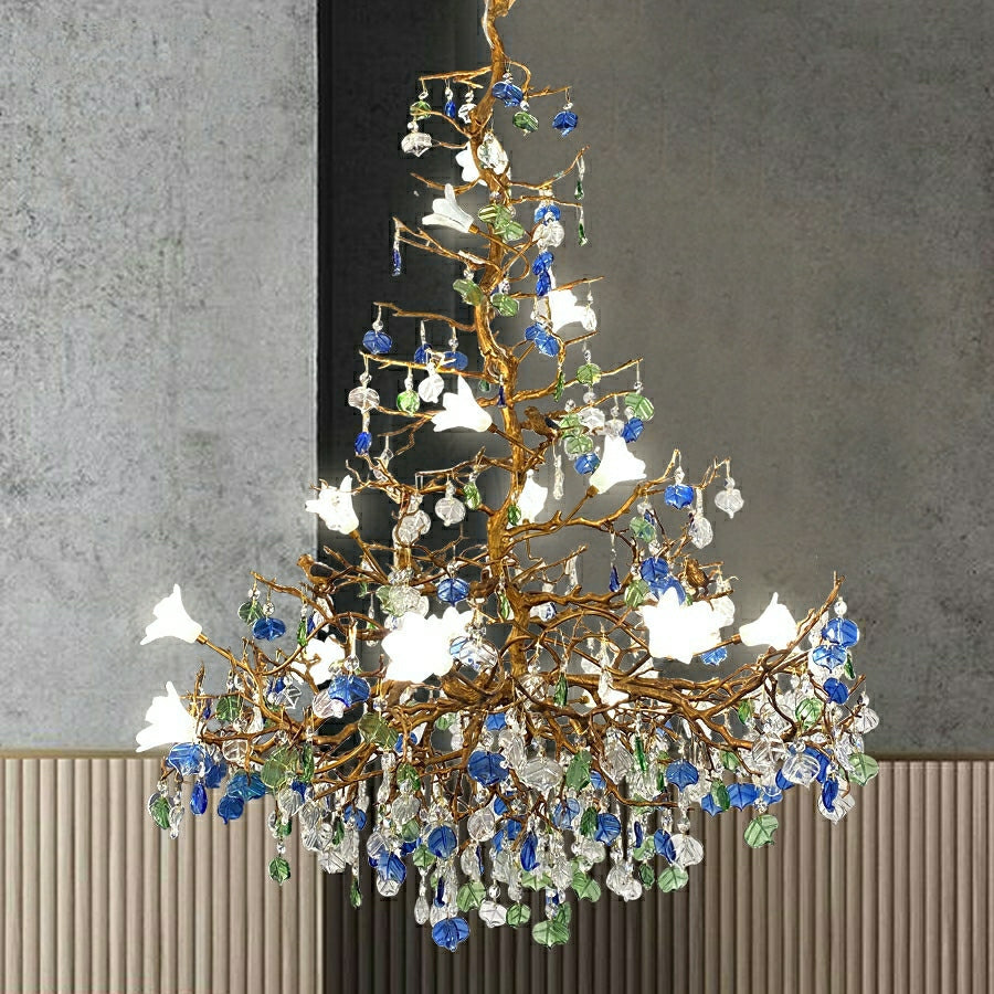 Stylish Colored Glaze Flower Crystal Chandelier Brass Tree Branch Ceiling Light For Living Room Hotel Hall