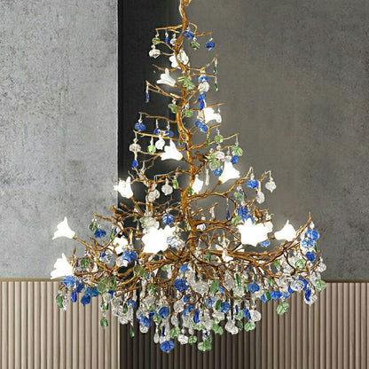 Stylish Colored Glaze Flower Crystal Chandelier Brass Tree Branch Ceiling Light For Living Room Hotel Hall