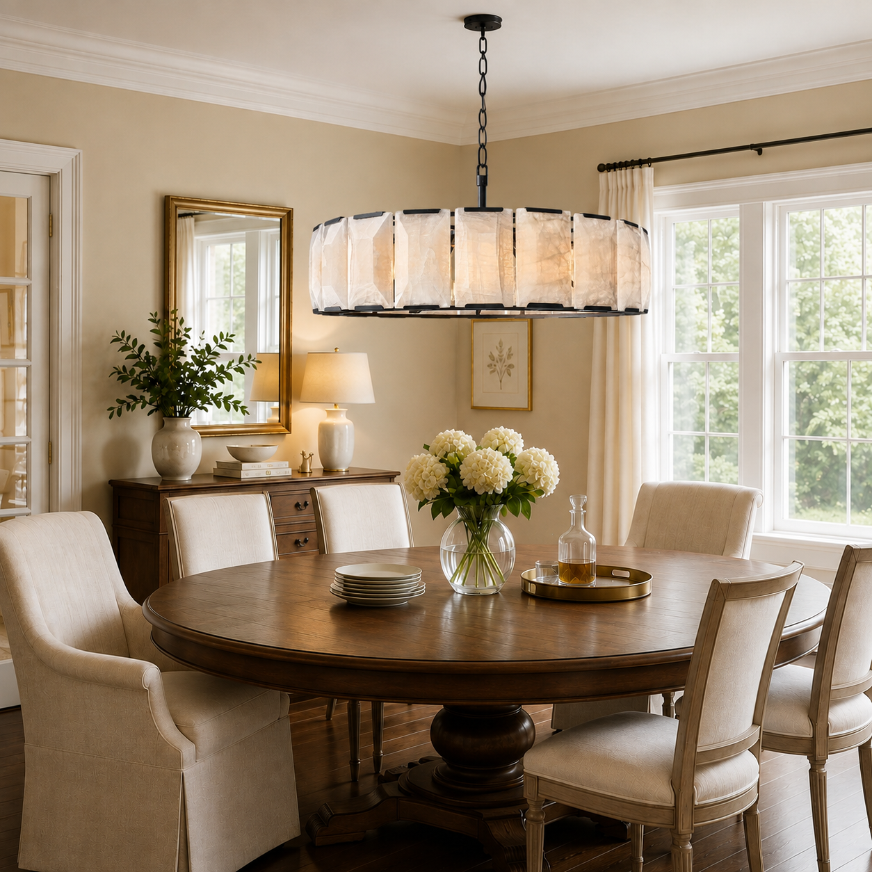 Hadilor Calcite Round Chandelier with Natural Alabaster Stone Shades