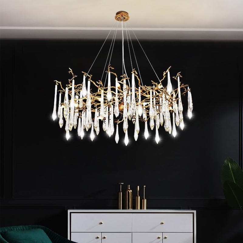TLL Arcadia Branch Postmodern Long Teardrop Brass Chandelier Gold