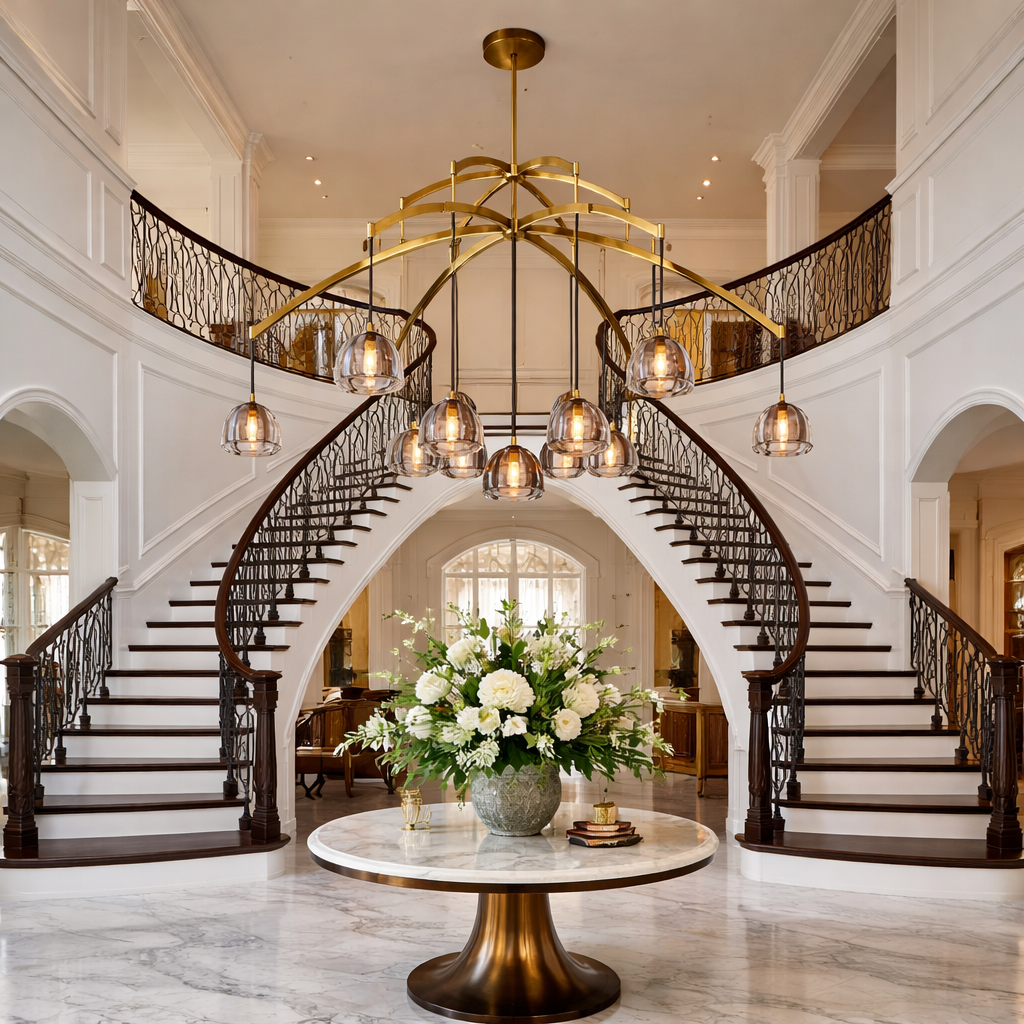 Luxurious staircase with gold chandelier and marble table in a grand hallway