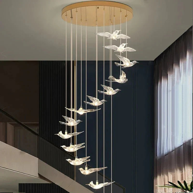 Bird Spiral Long Led Chandelier for Staircase and Foyer