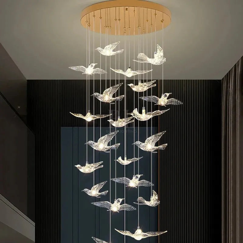 Bird Spiral Long Led Chandelier for Staircase and Foyer