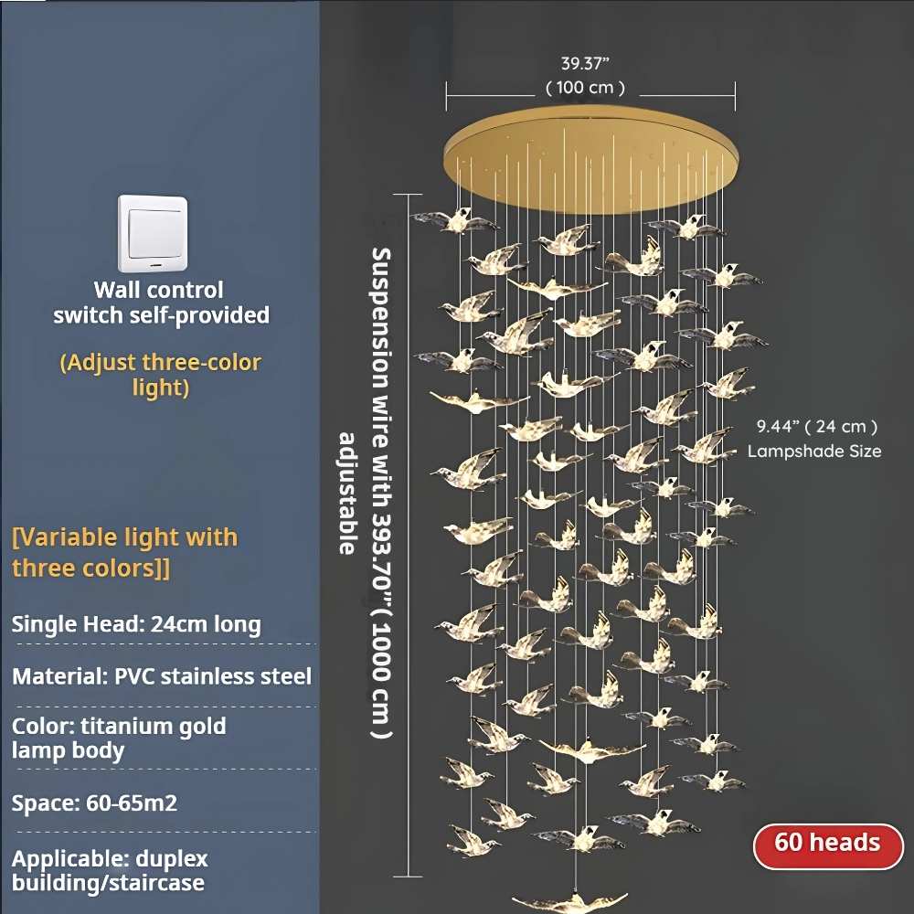 Bird Spiral Long Led Chandelier for Staircase and Foyer