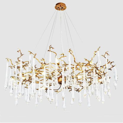 TLL Arcadia Branch Postmodern Long Teardrop Brass Chandelier Gold