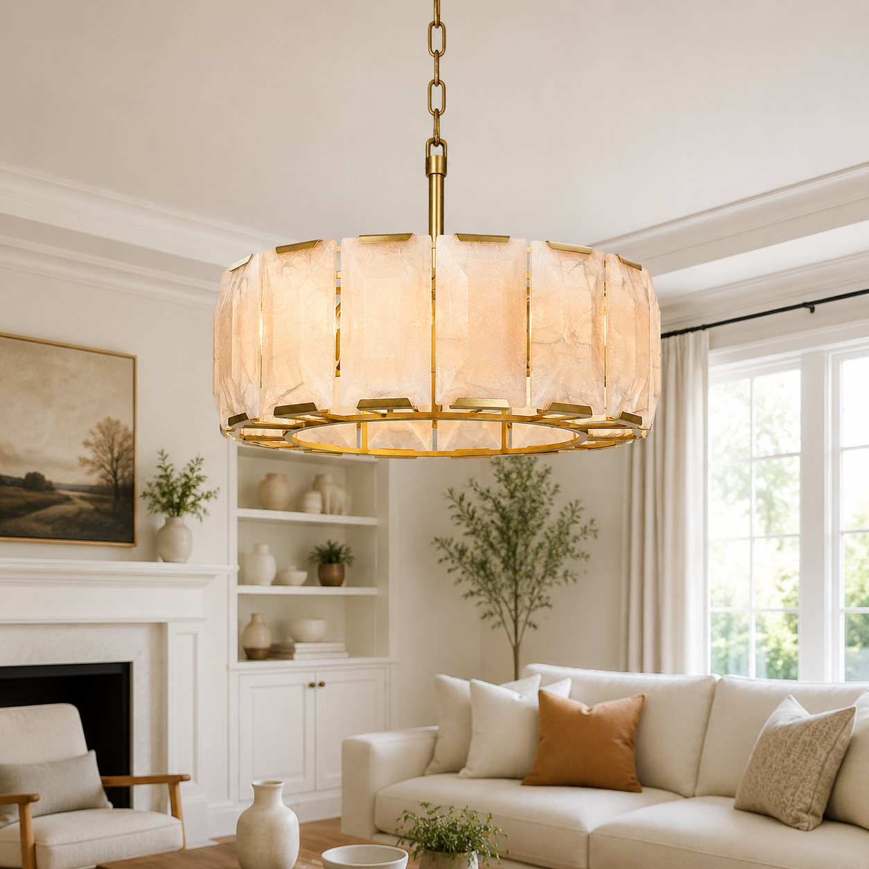 Hadilor Calcite Round Chandelier with Natural Alabaster Stone Shades