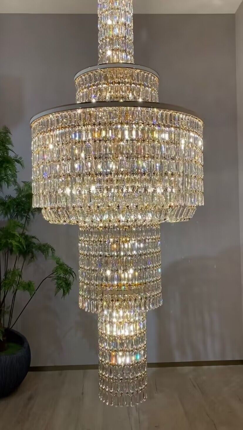 Extra Large Muti-tiered Round Crystal Chandelier with White Leather for High-ceiling