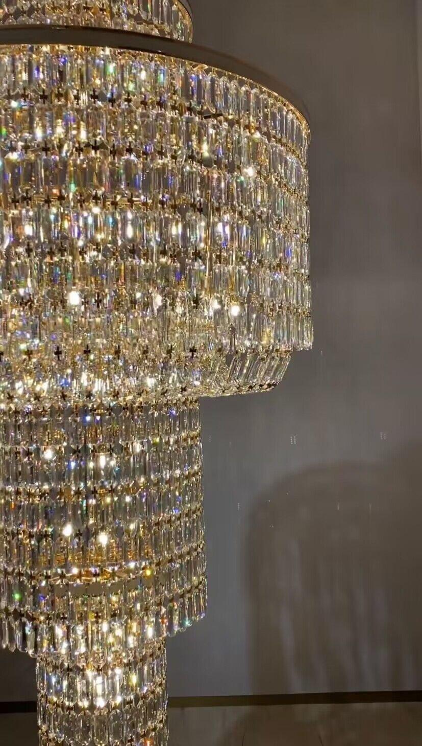 Extra Large Muti-tiered Round Crystal Chandelier with White Leather for High-ceiling