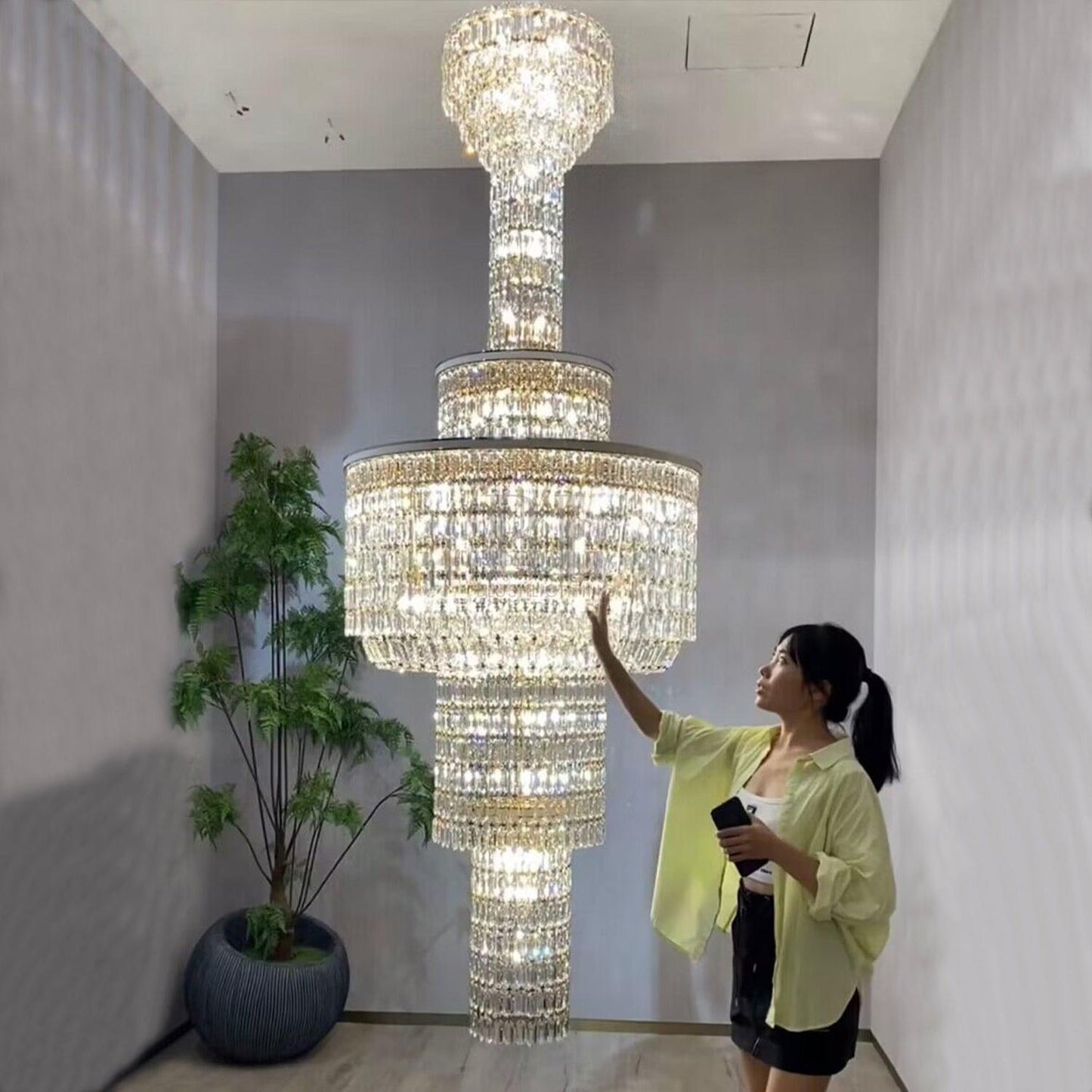 Extra Large Muti-tiered Round Crystal Chandelier with White Leather for High-ceiling