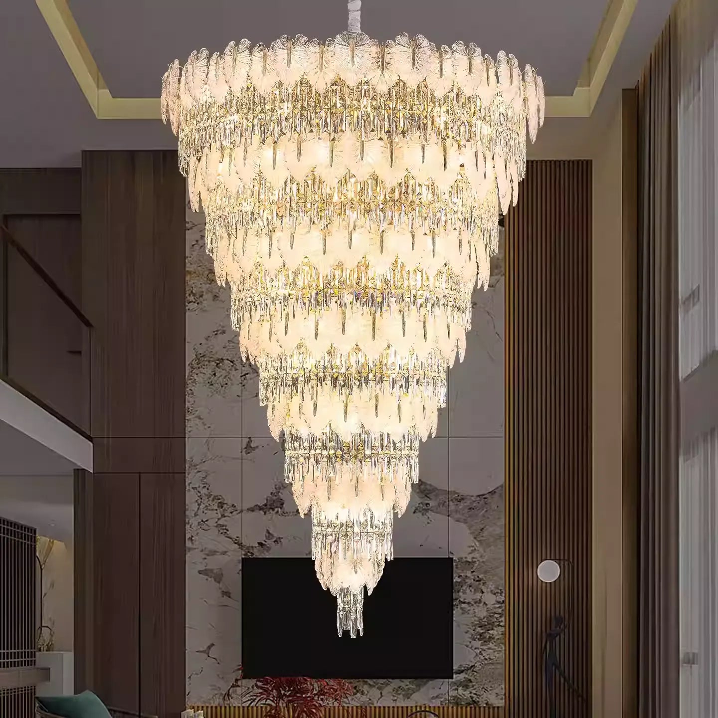 Handcrafted Glass Leaf Multi-Tier Crystal Waterfall Chandelier