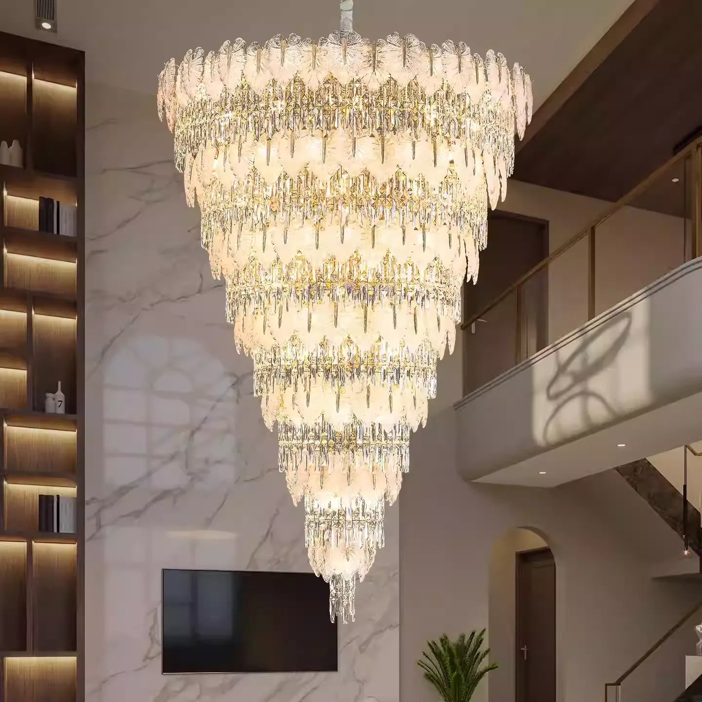 Handcrafted Glass Leaf Multi-Tier Crystal Waterfall Chandelier