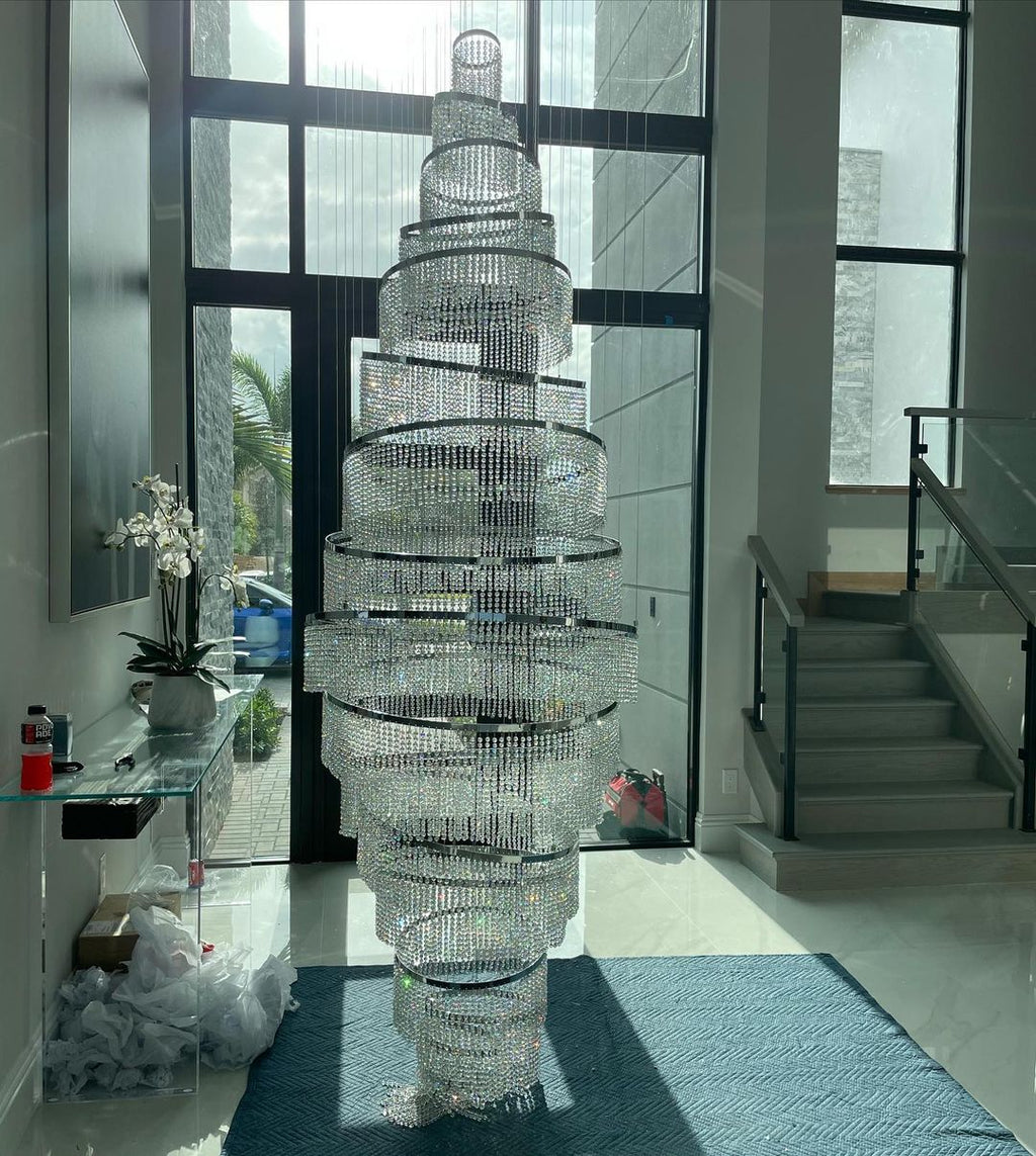 Long Crystal Tassel Rings Chandelier Extra Large Living Room Staircase High Ceiling Lighting Fixture