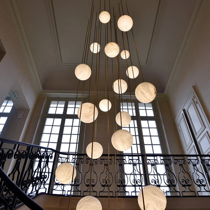 Luna Alabaster Sphere Staircase Chandelier, Multi Pendant Ligh