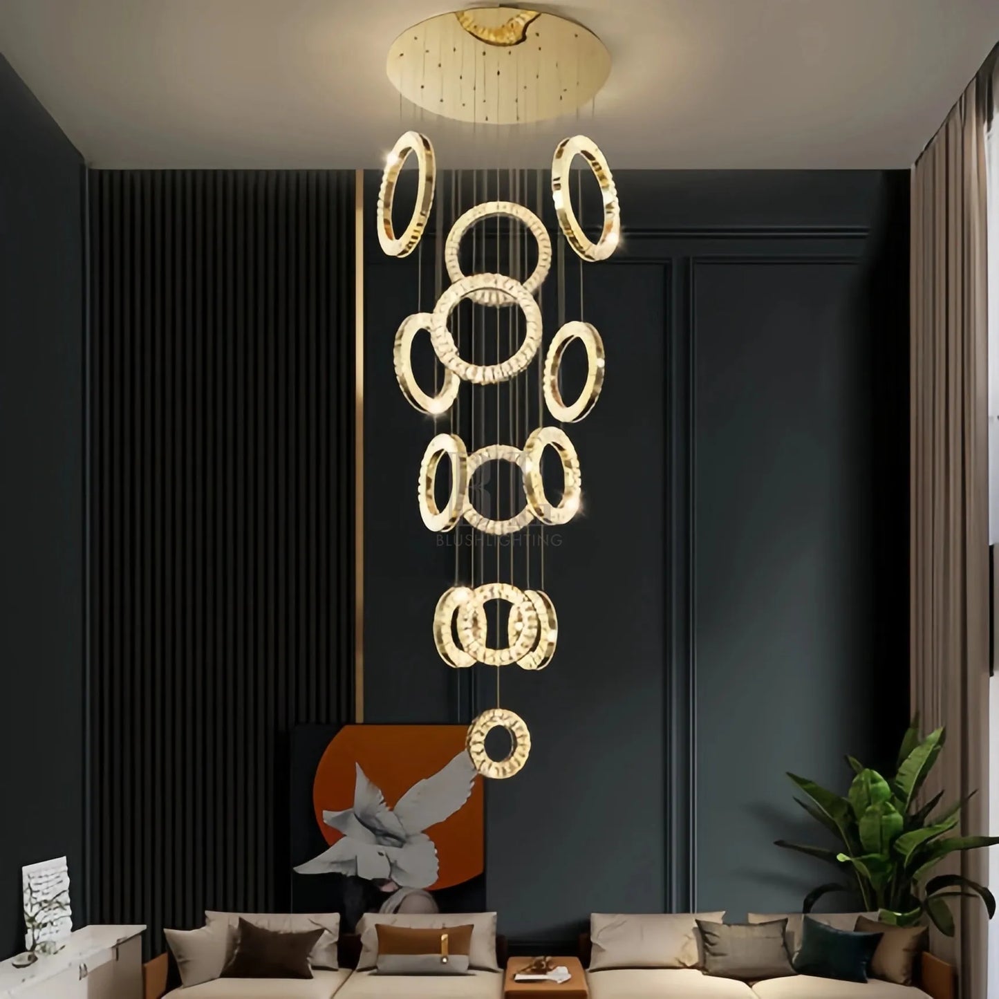 Modern Multi Gold Donuts Shape Crystal Chandelier Ring Round Light Fixture for Foyer Staircase