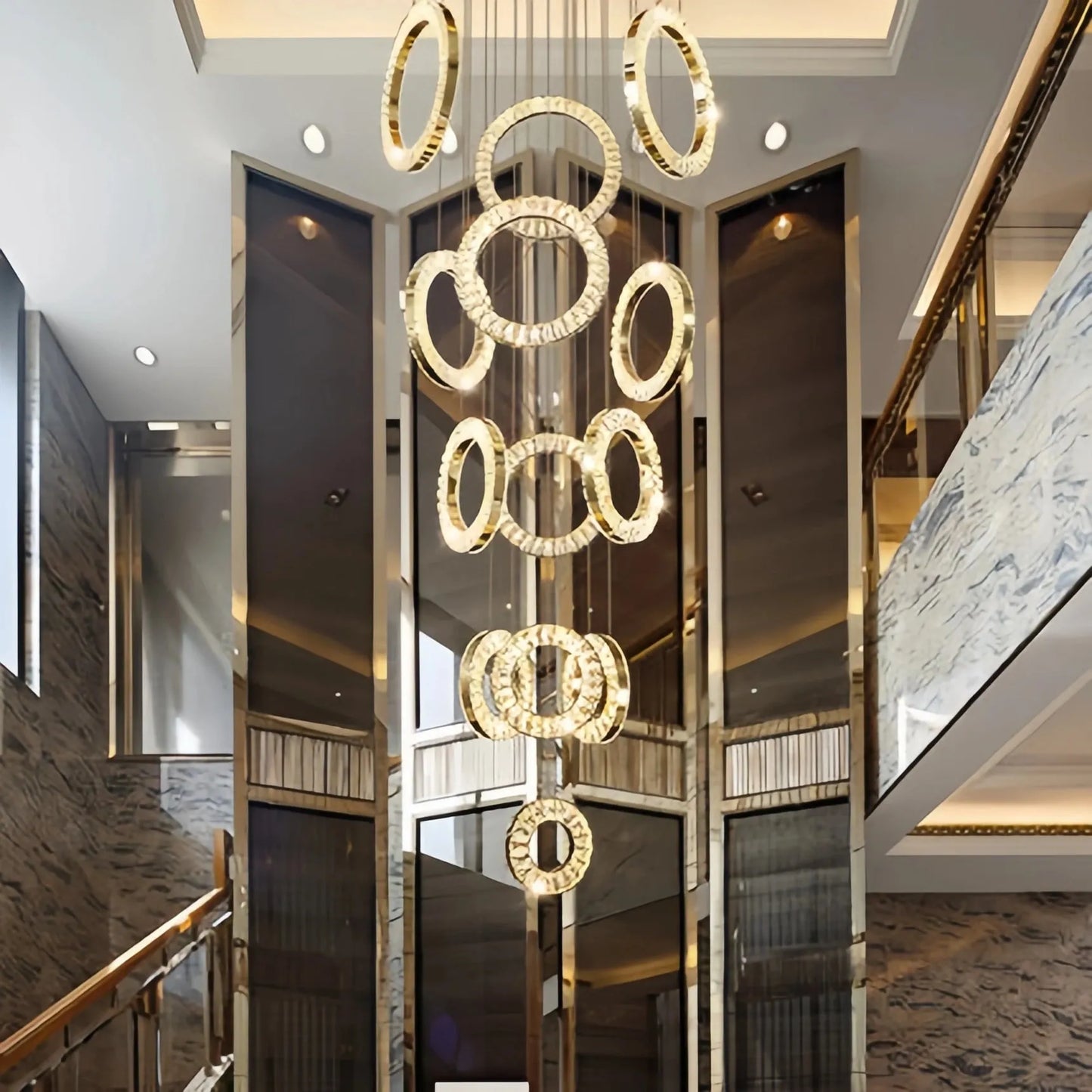 Modern Multi Gold Donuts Shape Crystal Chandelier Ring Round Light Fixture for Foyer Staircase