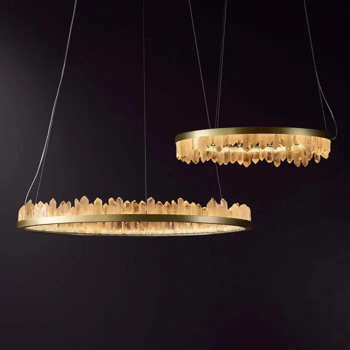Modern Style Rings Brass & Natural Quartz Crystal Chandelier in Brass/Black Finish