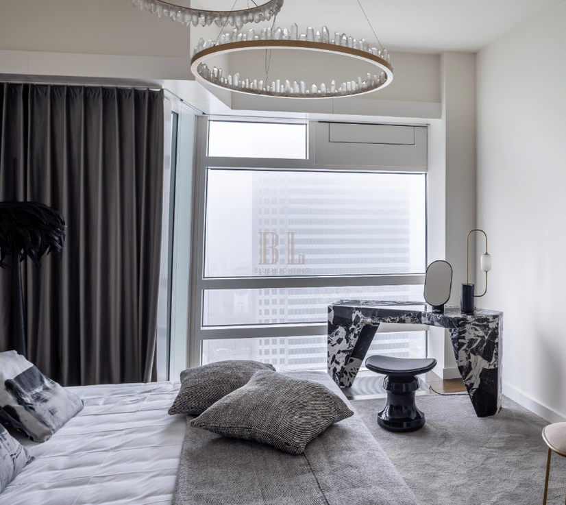 Modern Style Rings Brass & Natural Quartz Crystal Chandelier in Brass/Black Finish
